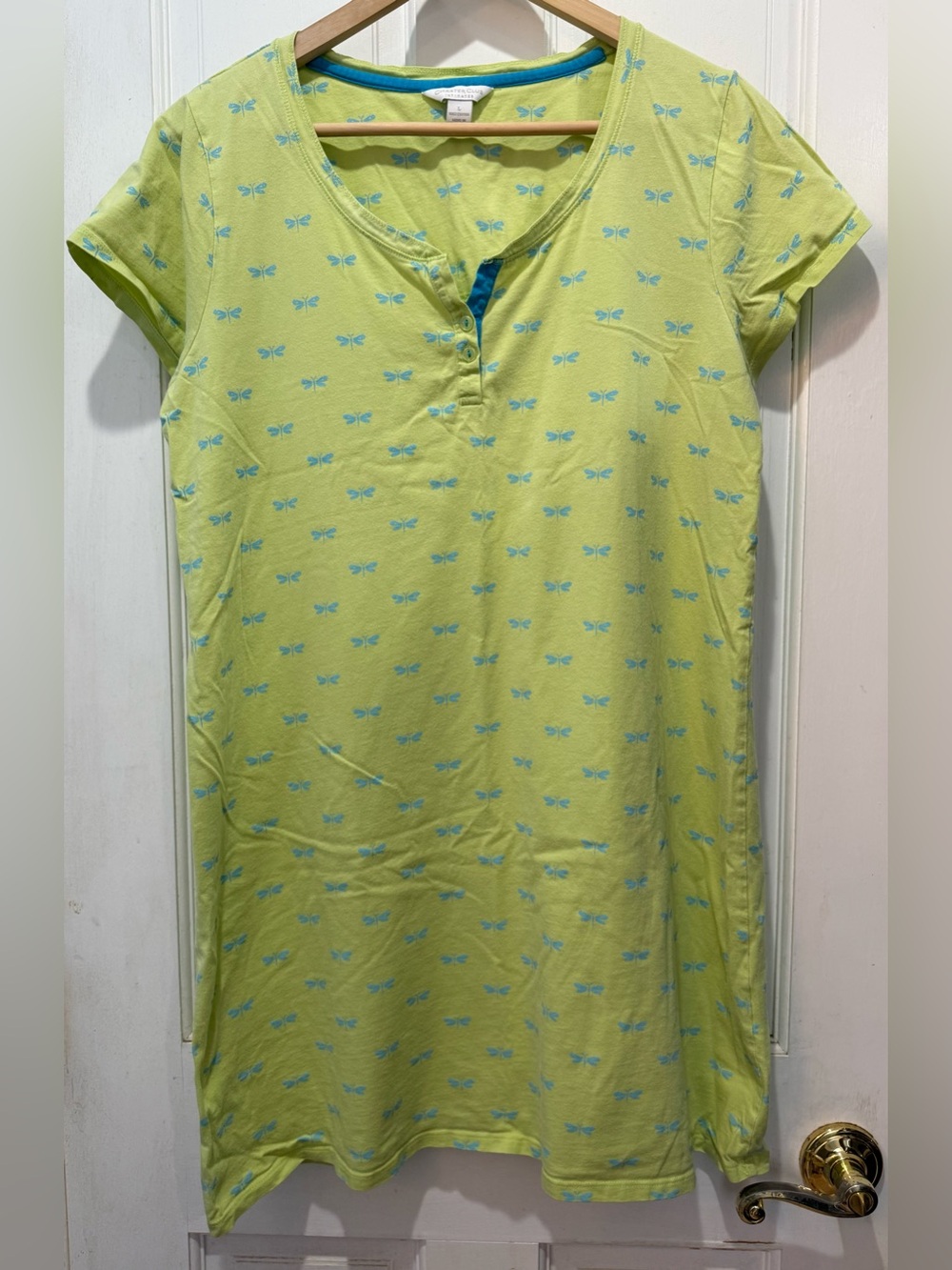 Charter Club Lime Green Short Sleeve Henley Nightshirt with Blue Dragonfly Print